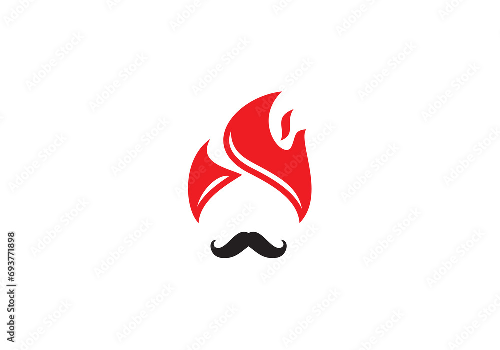 mustache turban with fire logo, indian food restaurant symbol icon design - obrazy, fototapety, plakaty 