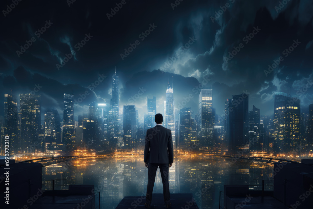 Back view of Businessman looking at night City Ai generator