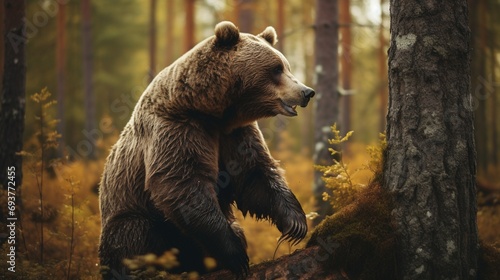 Imponente oso pardo de pie en un bosque otoñal con tonos dorados y vegetación