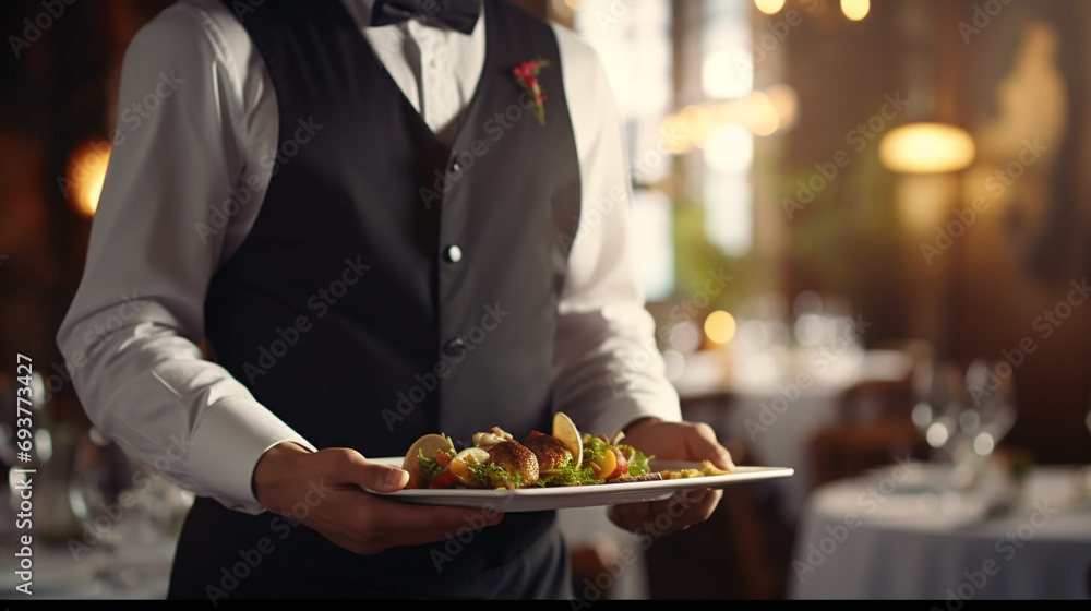 Confident waiter holding dish on hands at Restaurant background - obrazy, fototapety, plakaty 