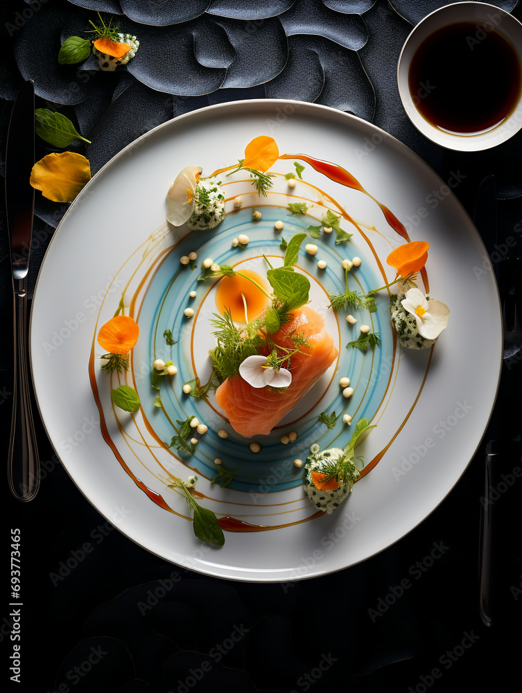 White Restaurant Plate with Food Served Michelin Style top view White Restaurant Plate with Food Served Michelin Style top view