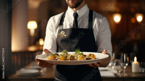 Confident waiter holding dish on hands at Restaurant background photo