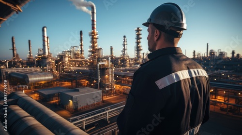 Engineer working in oil refinery plant heavy petrochemical. Generative AI.