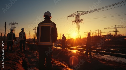 Silhouette workers on background of construction crews to work on construction of the extension of high - voltage towers. Generative AI.