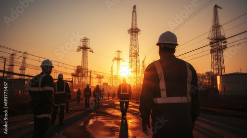 Silhouette workers on background of construction crews to work on construction of the extension of high - voltage towers. Generative AI.