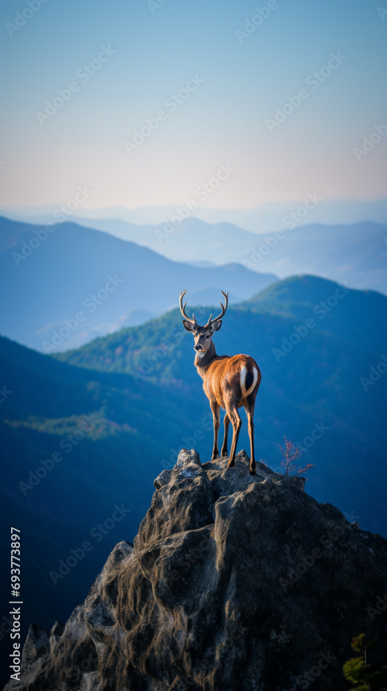 A deer is standing atop a hill in the mountains