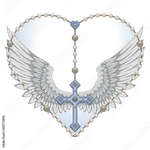 Winged Christian cross with heart-shaped rosary