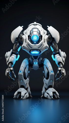 A robot standing on a dark background, in the style of dark white and light blue © alex