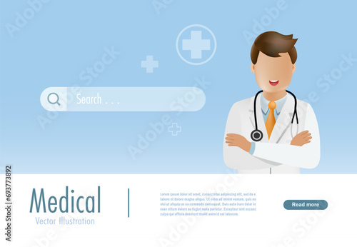 Online medical and health service. Doctor crossed his arms with search bar web icon. Vector.