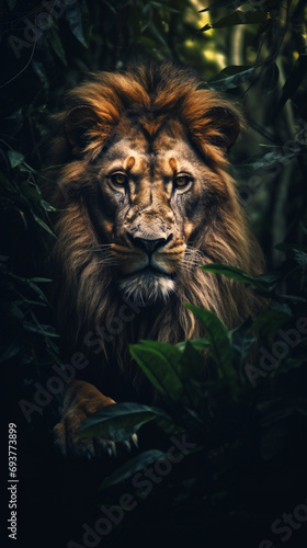 A lion in the forest  in the style of dark black