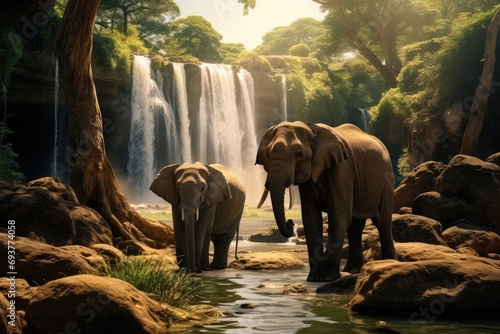 Elephants standing at a waterfall. Generative AI. photo