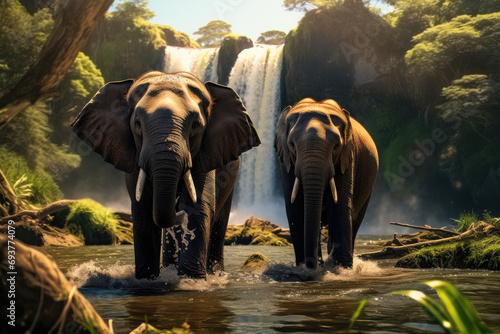 Elephants standing at a waterfall. Generative AI. photo