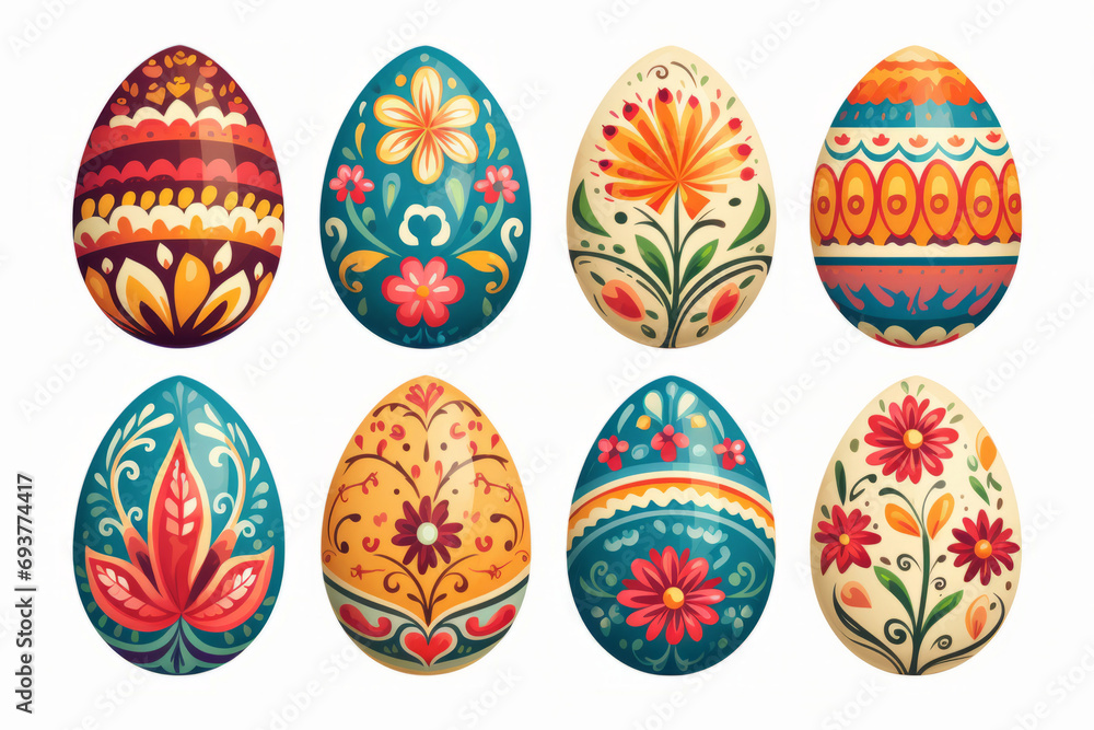 Illustrated hand painted floral Easter eggs in bright rich colors