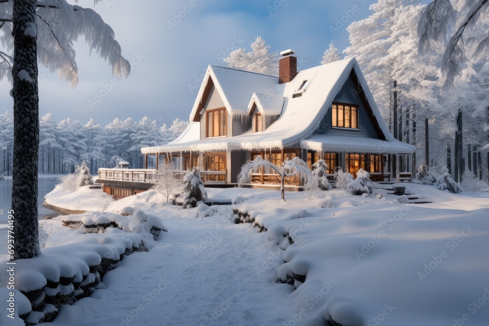 Luxury cottage at winter landscape. Generative AI.