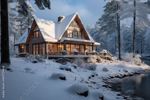 Luxury cottage at winter landscape. Generative AI.