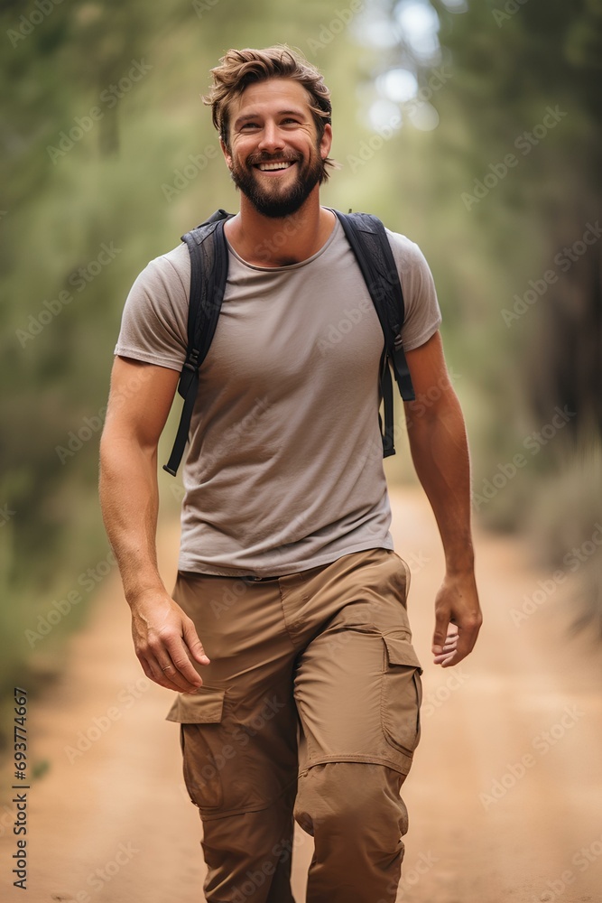 Fototapeta premium a casually dressed delightful man walking along a walking trail in summer. generative AI