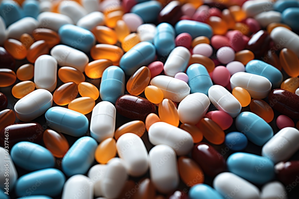 Pills and capsules arranged in a precise pattern, Symbolizing pharmaceutical innovation and precision. Generative AI.