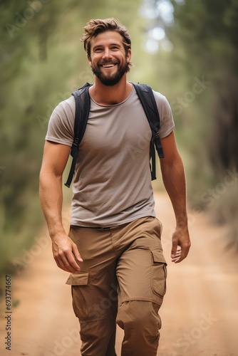 a casually dressed delightful man walking along a walking trail in summer. generative AI