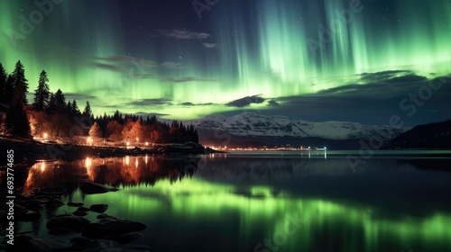 Aurora lights up the night sky and lake, Reflecting in water. Generative AI.