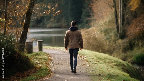 a casually dressed delightful man walking along a walking trail in autumn. generative AI