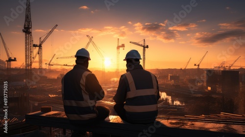 Silhouette Two engineers consult and inspect high-rise construction work, Cranes in the background. Generative AI.