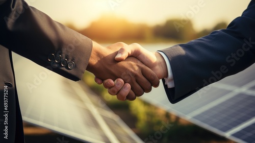Close up of two businessmen shaking hands with a field of solar panels behind them. Generative AI. photo