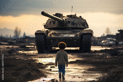 A crying black child playing with a war tank. Generative AI. photo