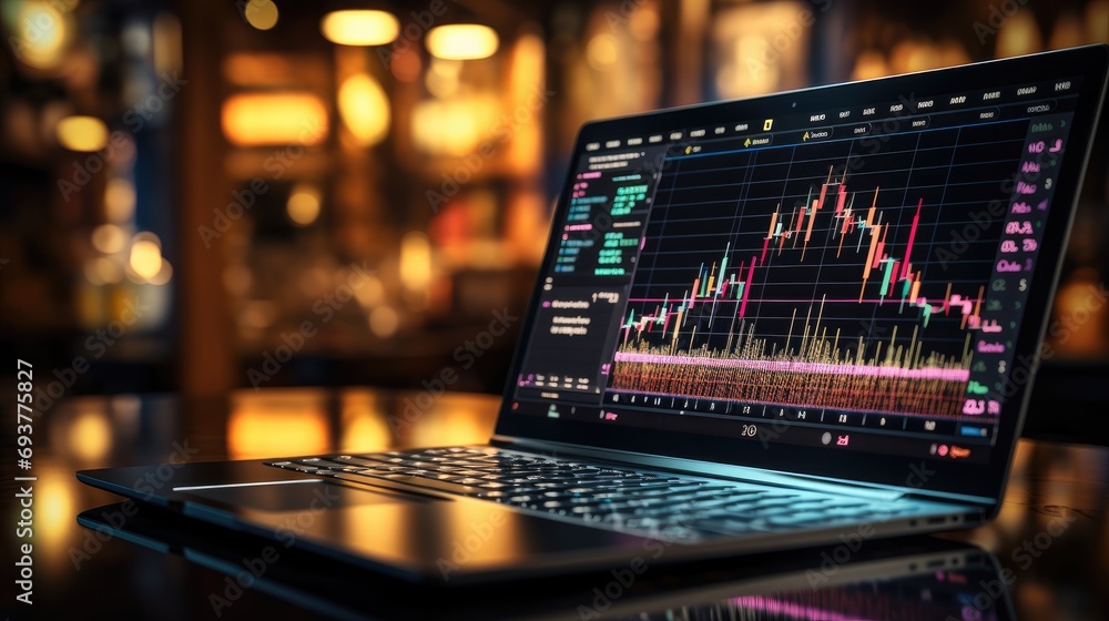 Stock market graph, Financial data on an electronic board on a laptop screen. Generative AI.