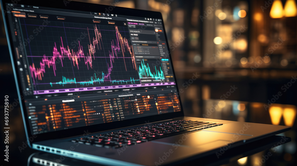 Stock market graph, Financial data on an electronic board on a laptop screen. Generative AI. Stock market graph, Financial data on an electronic board on a laptop screen. Generative AI.