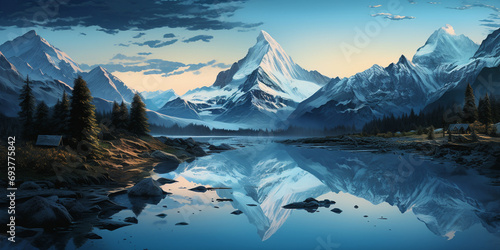 Mountain landscape with snow-capped peaks, lake with reflection of mountains,Zermatts Matterhorn and Stellisee Lake,a mountain lake with mountains in the background 