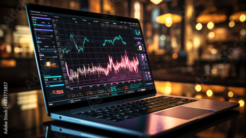Stock market graph, Financial data on an electronic board on a laptop screen. Generative AI. © visoot
