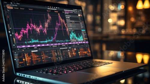 Stock market graph, Financial data on an electronic board on a laptop screen. Generative AI.