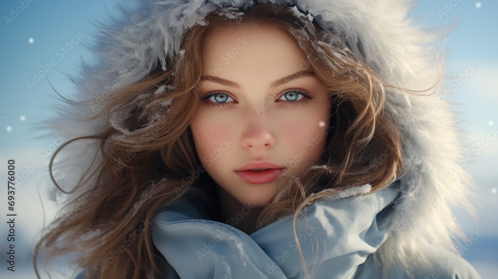 Beautiful girl against a snow background. Generative AI.