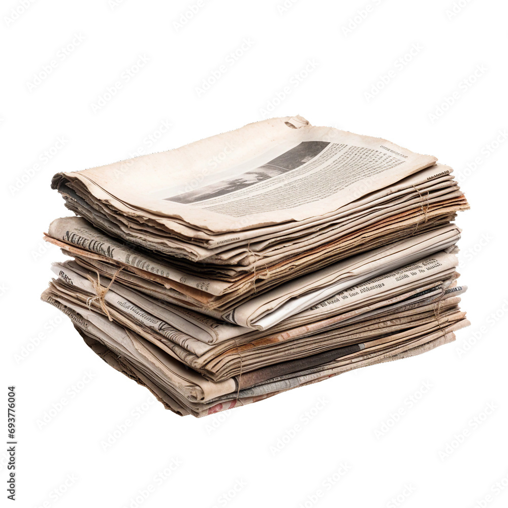 Old newspapers, transparent background, isolated image, generative AI Old newspapers, transparent background, isolated image, generative AI