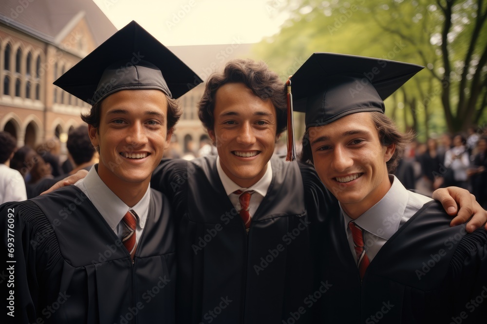 Group of three college male graduates. Generative AI. Group of three college male graduates. Generative AI.