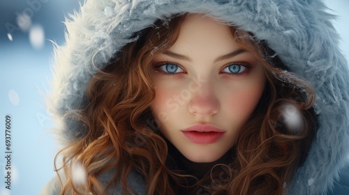 Beautiful girl against a snow background. Generative AI.