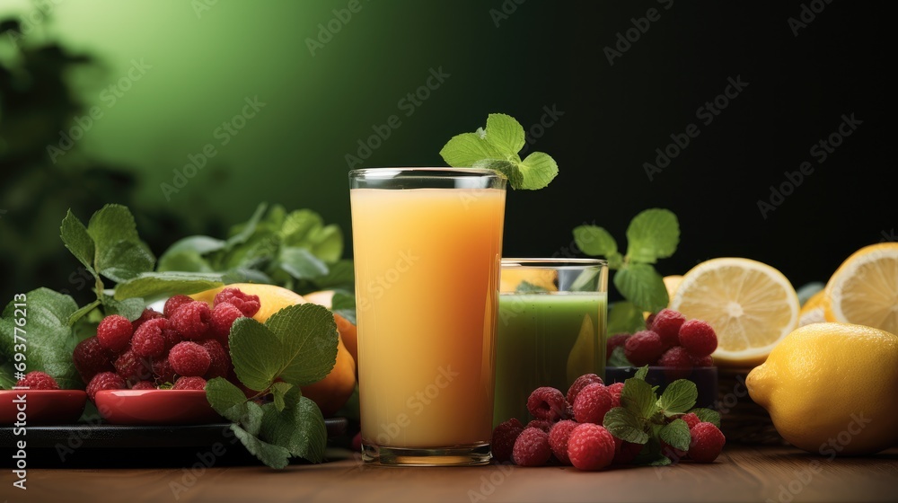 A background with healthy fruit juice on table. Generative AI. A background with healthy fruit juice on table. Generative AI.