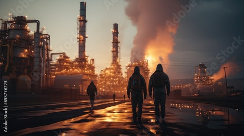 Engineers in uniform working and checking at oil refinery. Generative AI.