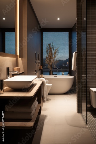 Bathroom of a modern boutique hotel. Generative AI.