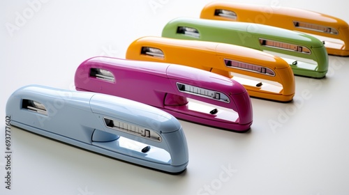 a lively, colorful stapler set against a neutral white backdrop, depicting the harmony of its colors and the functionality it represents. photo