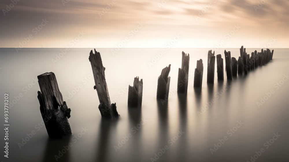 Wood posts in twilight landscape like ethereal sculptures, long exposure shot - obrazy, fototapety, plakaty 