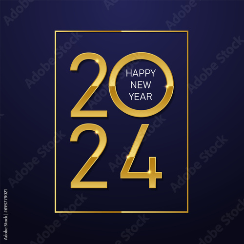 2024 new year square design. Gold shiny graphic vector. Elegant dark background.