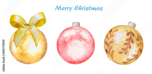 Hand-drawn watercolor illustration of Christmas balls. Golden, blue and pink glass balls for christmas tree. New year, celebration, holidays, December .