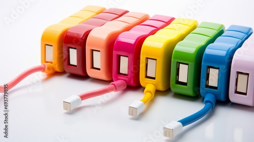 a mobile charger in various bright colors against a pristine white background, accentuating its design and practicality. photo