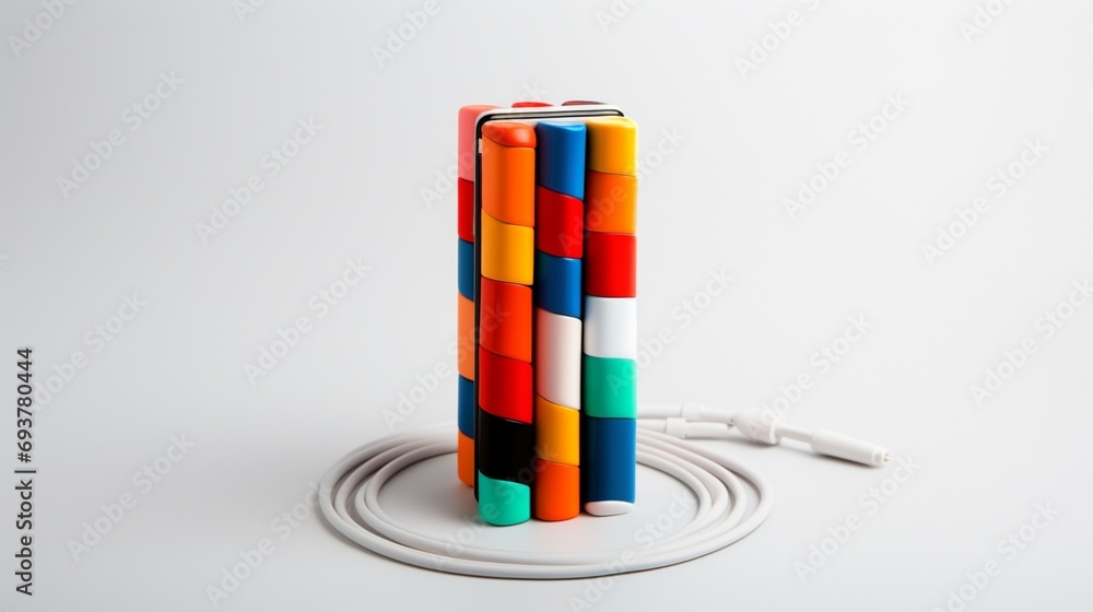 a multi-colored mobile charger against a seamless white background, showcasing its practicality and adding a touch of modernity to the composition.