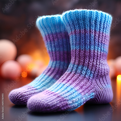 wool socks knitted from brightly colored threads. one couple in close-up.