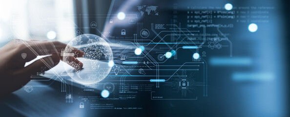 Digital technology, software development, data science. Computer programmer coding on laptop with global internet network and data processing, cyber security system, cloud computing