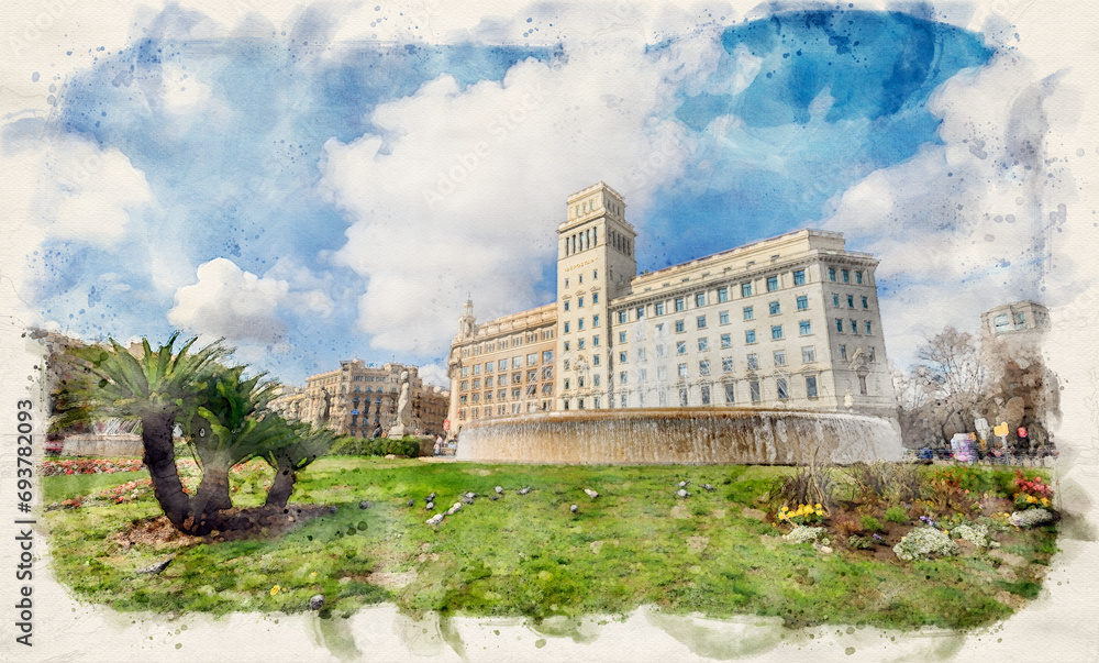 Placa de Catalunya or Catalonia Square a large square in Barcelona, Spain in watercolor style illustration