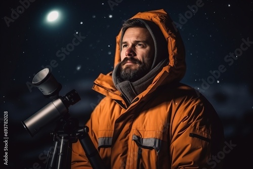 Handsome bearded man looking through a telescope on a snowy night photo