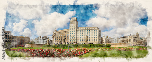 Placa de Catalunya or Catalonia Square a large square in Barcelona, Spain in watercolor style illustration